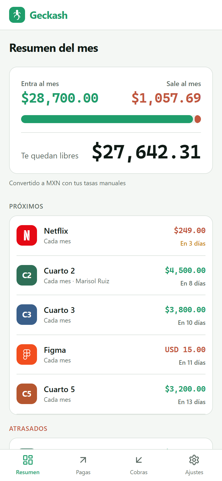 Resumen de Geckash en el móvil, con la barra que compara lo que entra y lo que sale